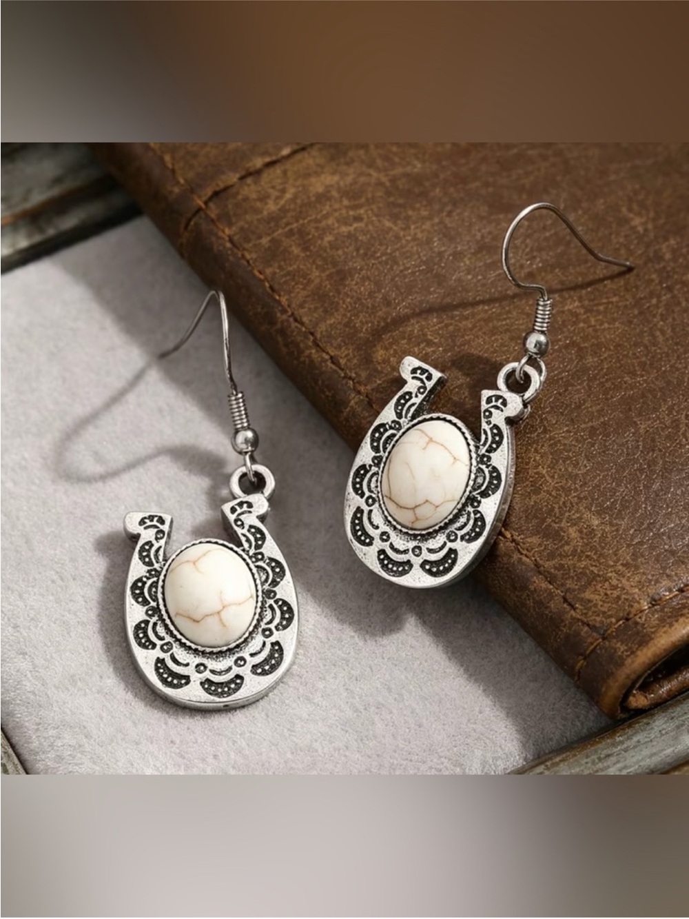 Western Earrings Bohemian Horseshoe White Stone 24k Gold Plated Dangle Earrings